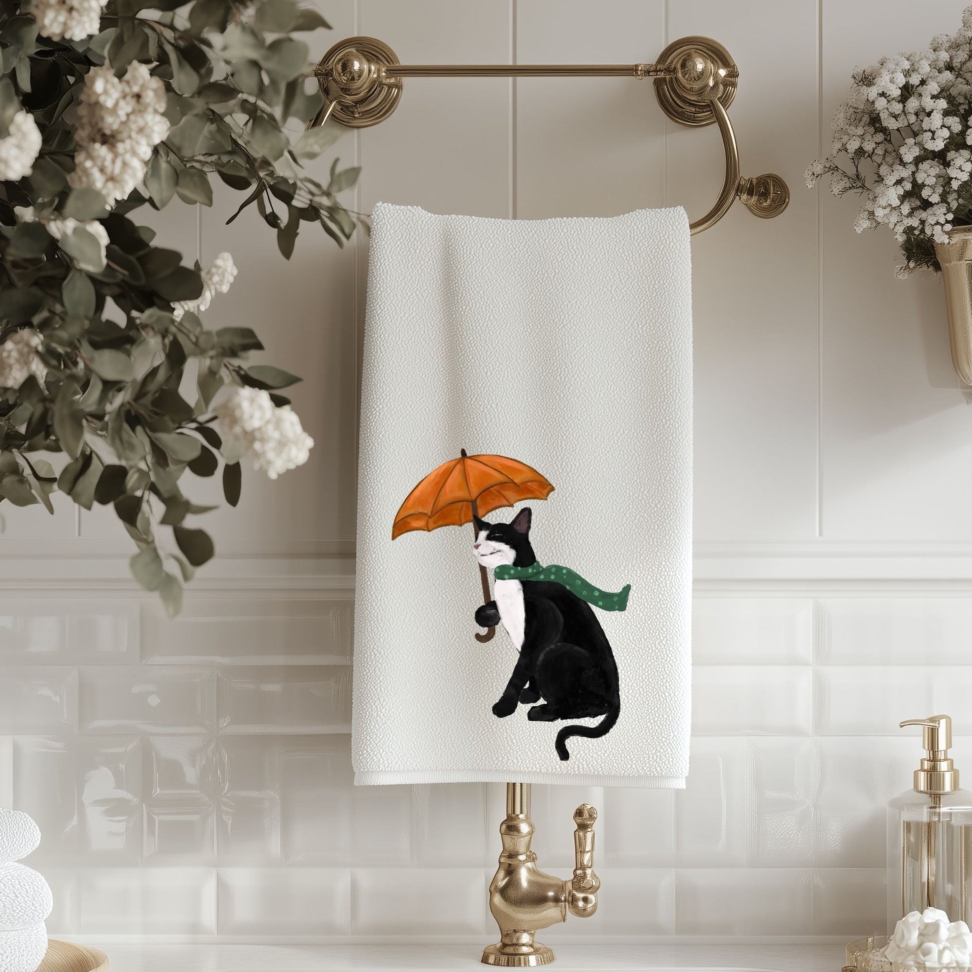 Tuxedo Cat with Umbrella Bathroom Towel - MerikaArt