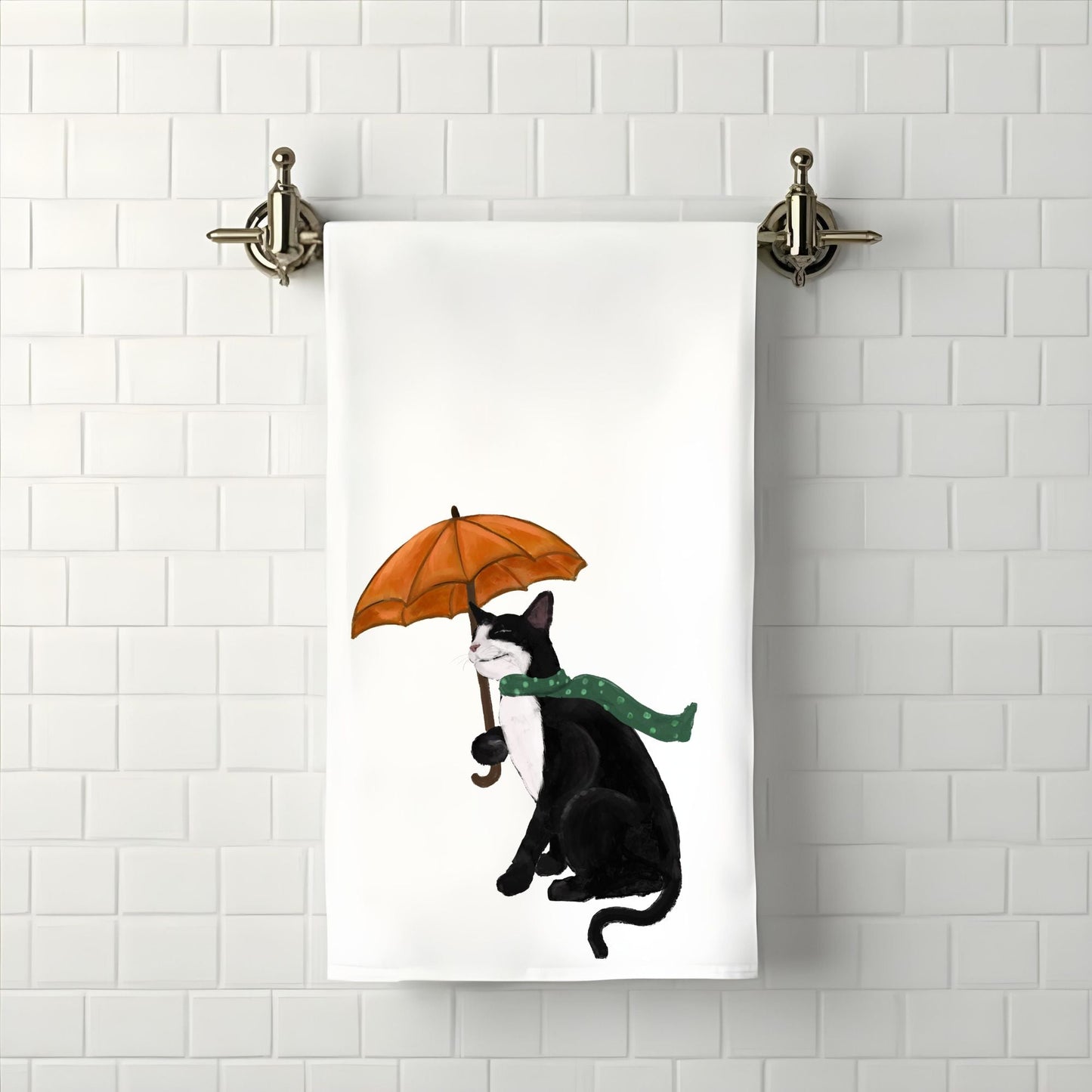 Tuxedo Cat with Umbrella Bathroom Towel - MerikaArt