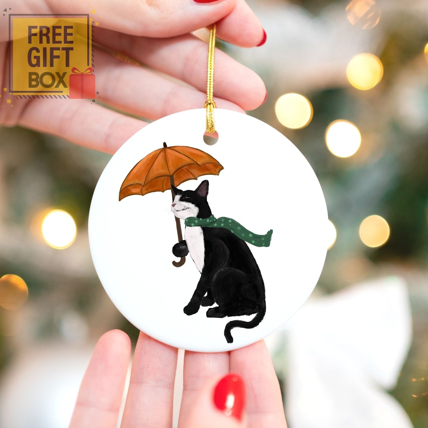 Tuxedo Cat with Umbrella Ceramic Ornament - MerikaArt