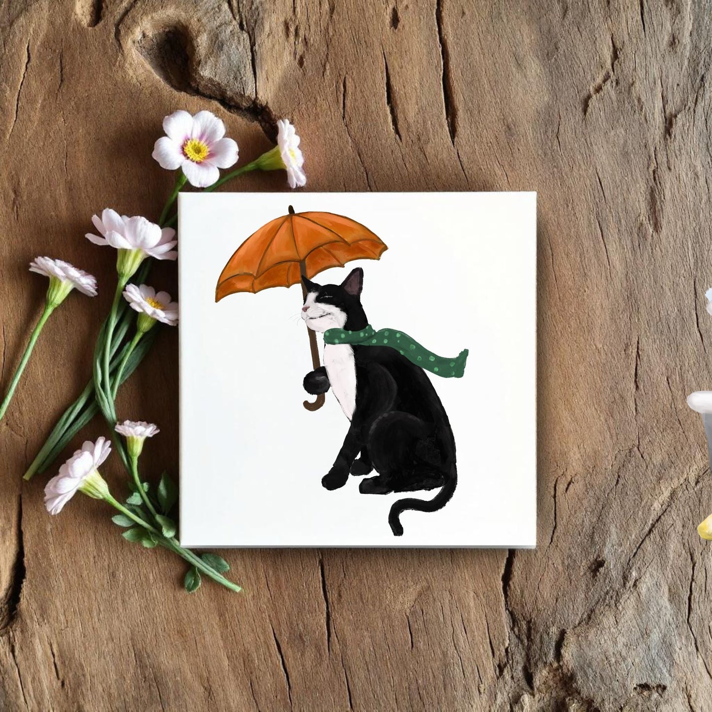 Tuxedo Cat with Umbrella Ceramic Tile - MerikaArt