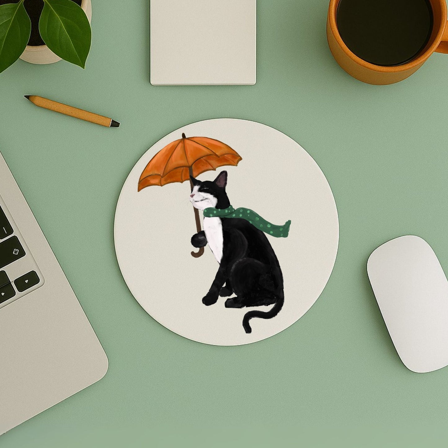 Tuxedo Cat with Umbrella Mousepad - MerikaArt
