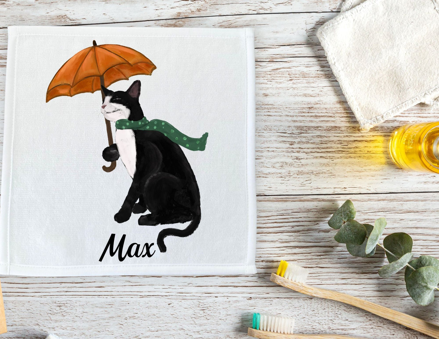 Tuxedo Cat with Umbrella Washcloth - MerikaArt
