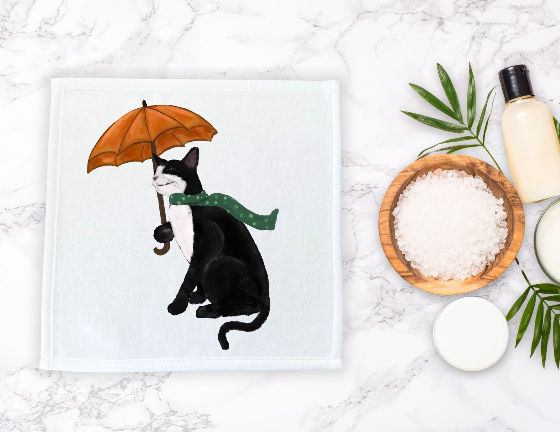 Tuxedo Cat with Umbrella Washcloth - MerikaArt