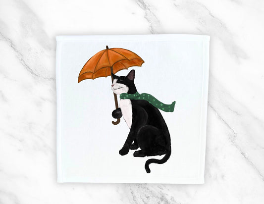 Tuxedo Cat with Umbrella Washcloth - MerikaArt