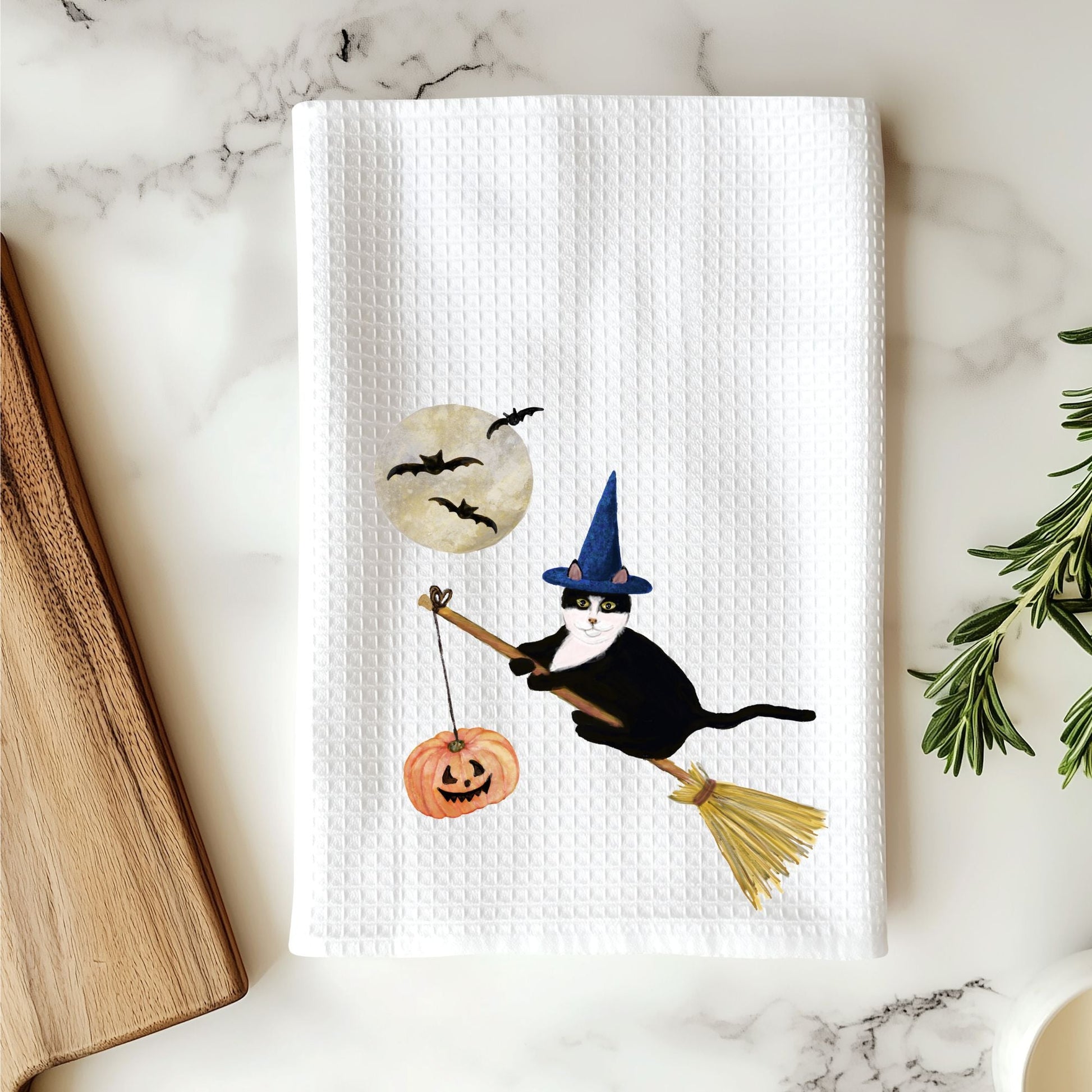 Tuxedo Witch Cat Halloween Kitchen Towel - MerikaArt