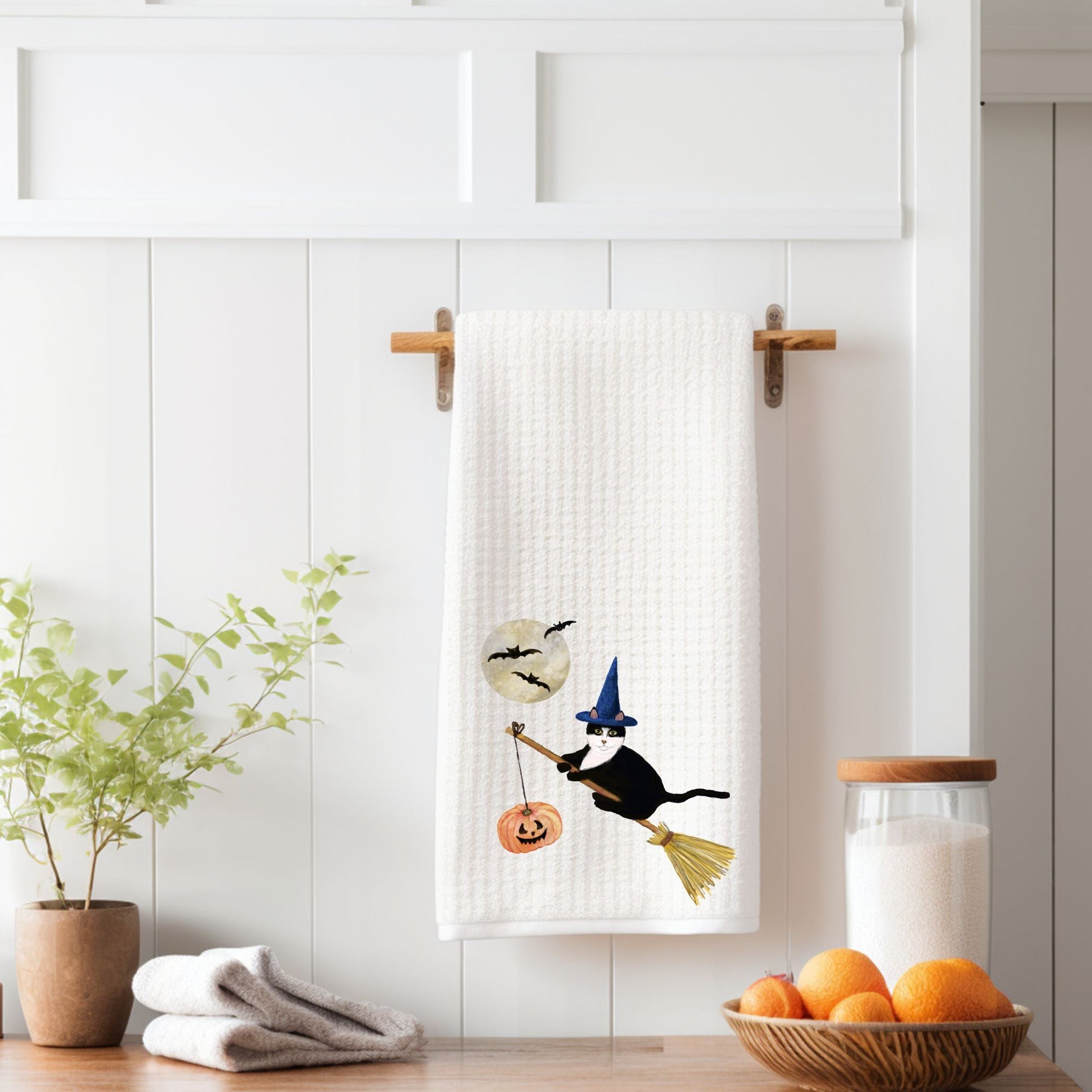Tuxedo Witch Cat Halloween Kitchen Towel - MerikaArt