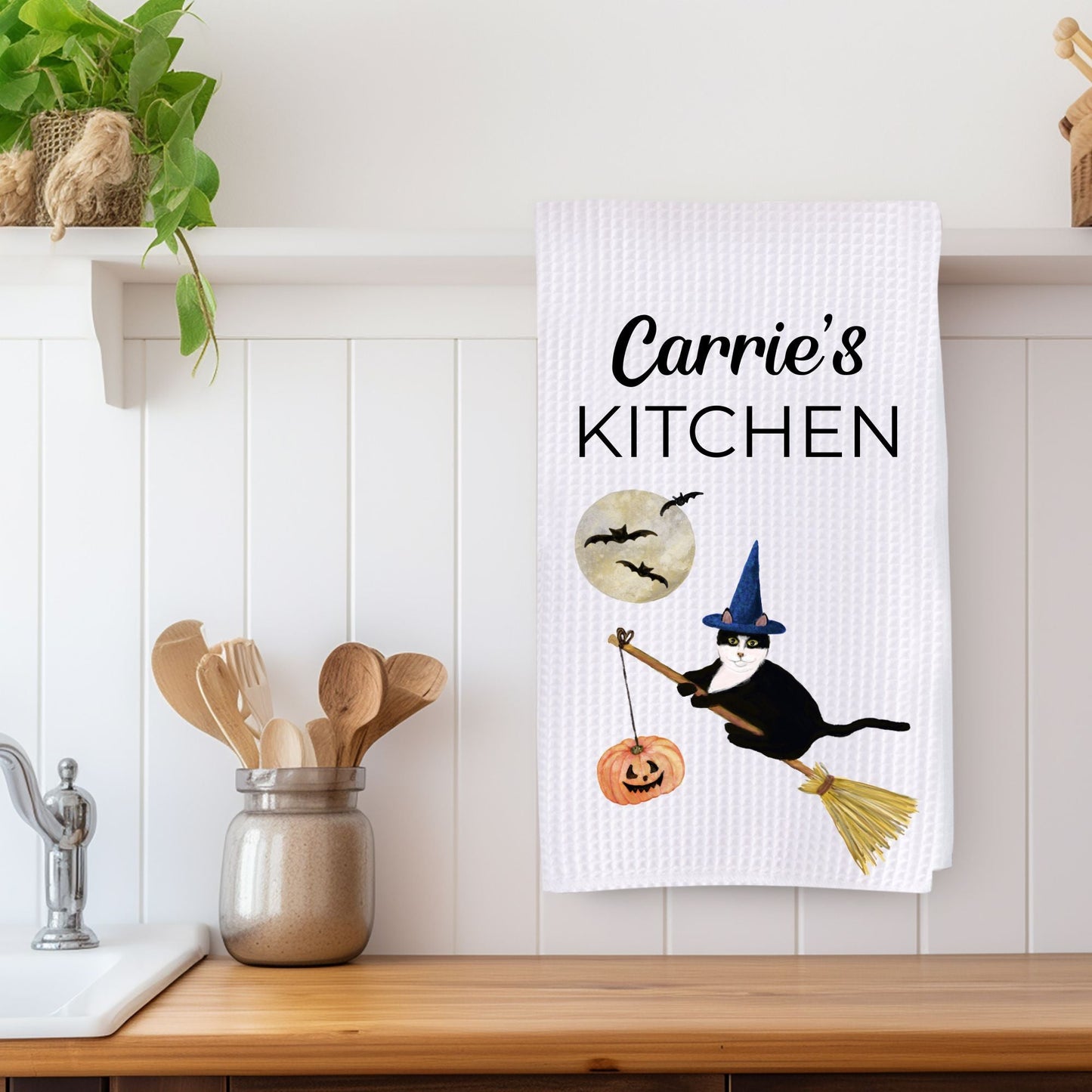 Tuxedo Witch Cat Halloween Kitchen Towel - MerikaArt