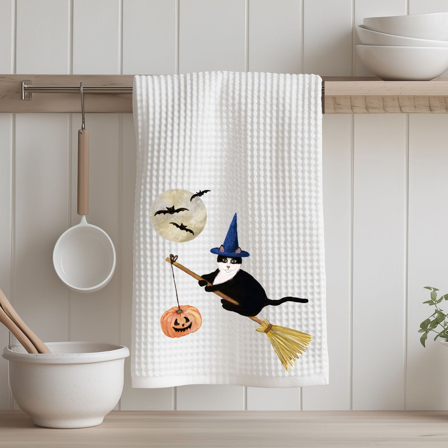 Tuxedo Witch Cat Halloween Kitchen Towel - MerikaArt