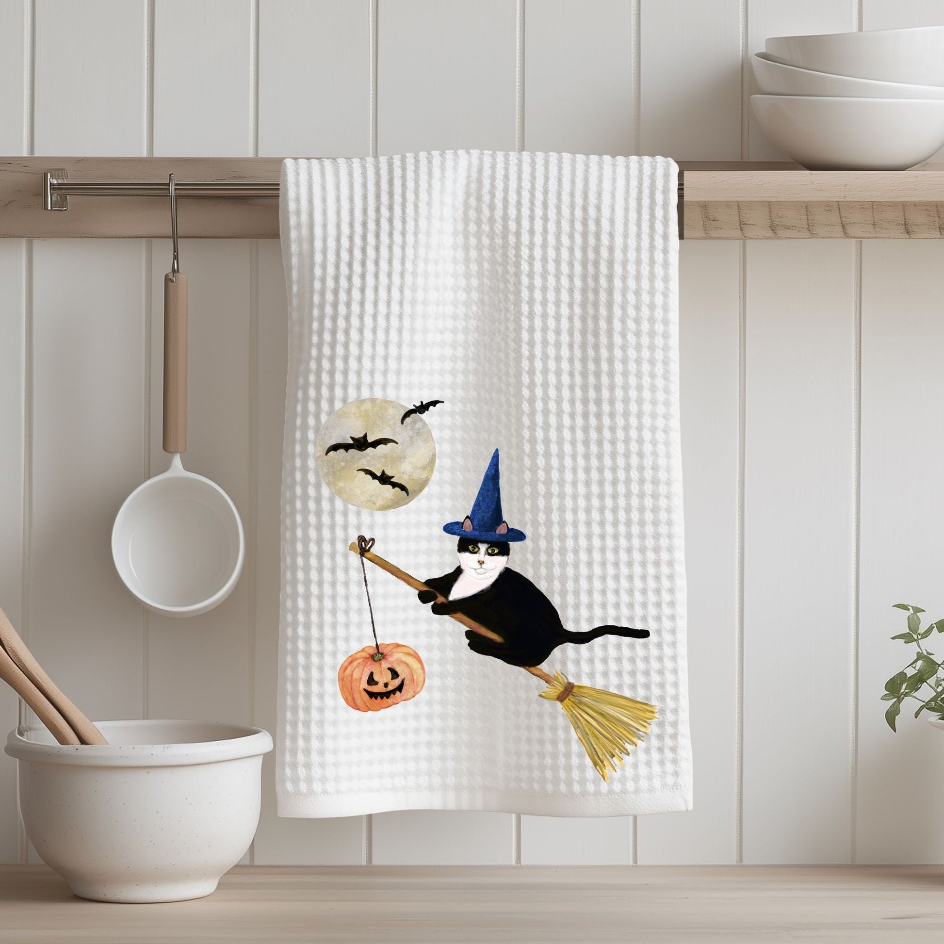 Tuxedo Witch Cat Halloween Kitchen Towel - MerikaArt