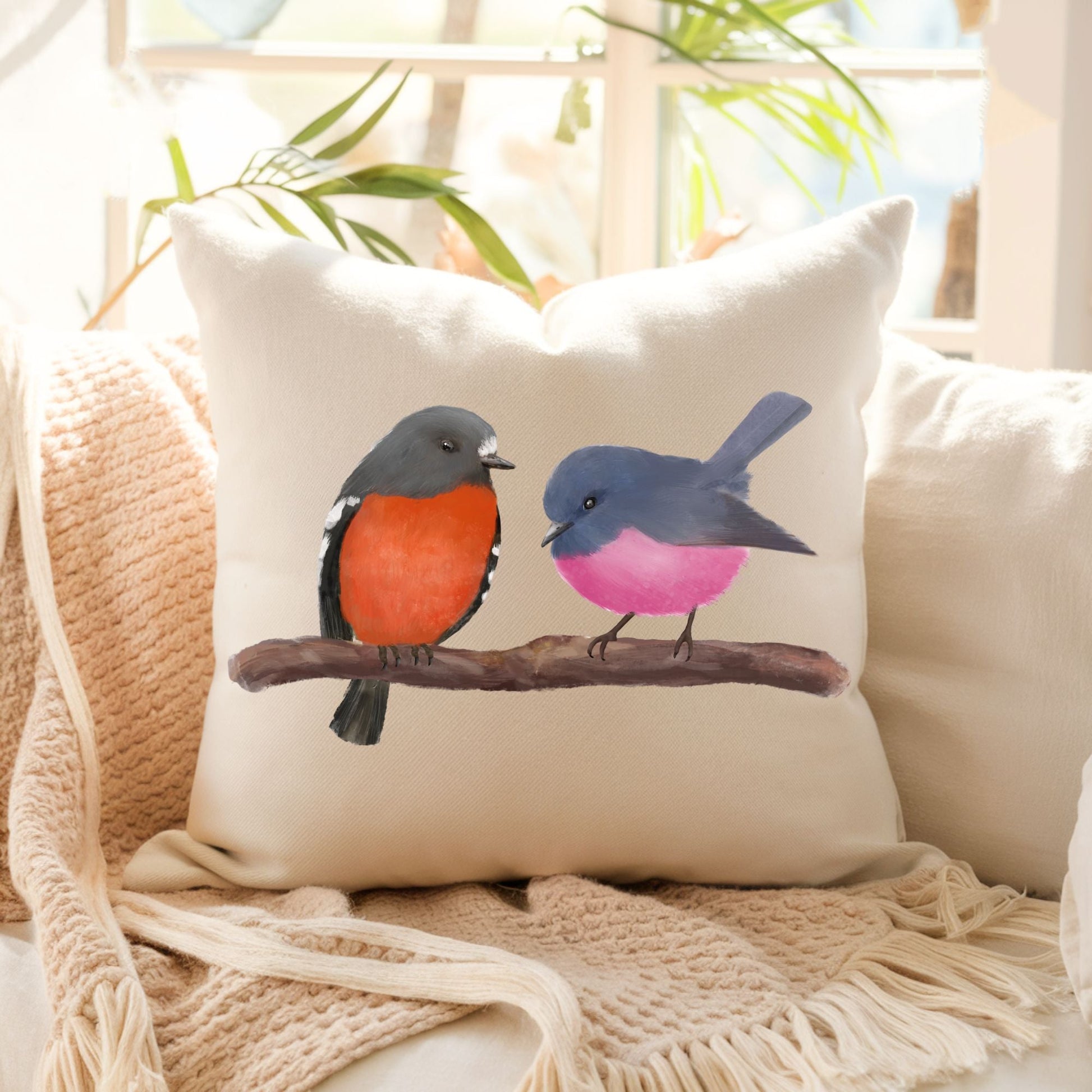 Two Colorful Birds Pillow - MerikaArt