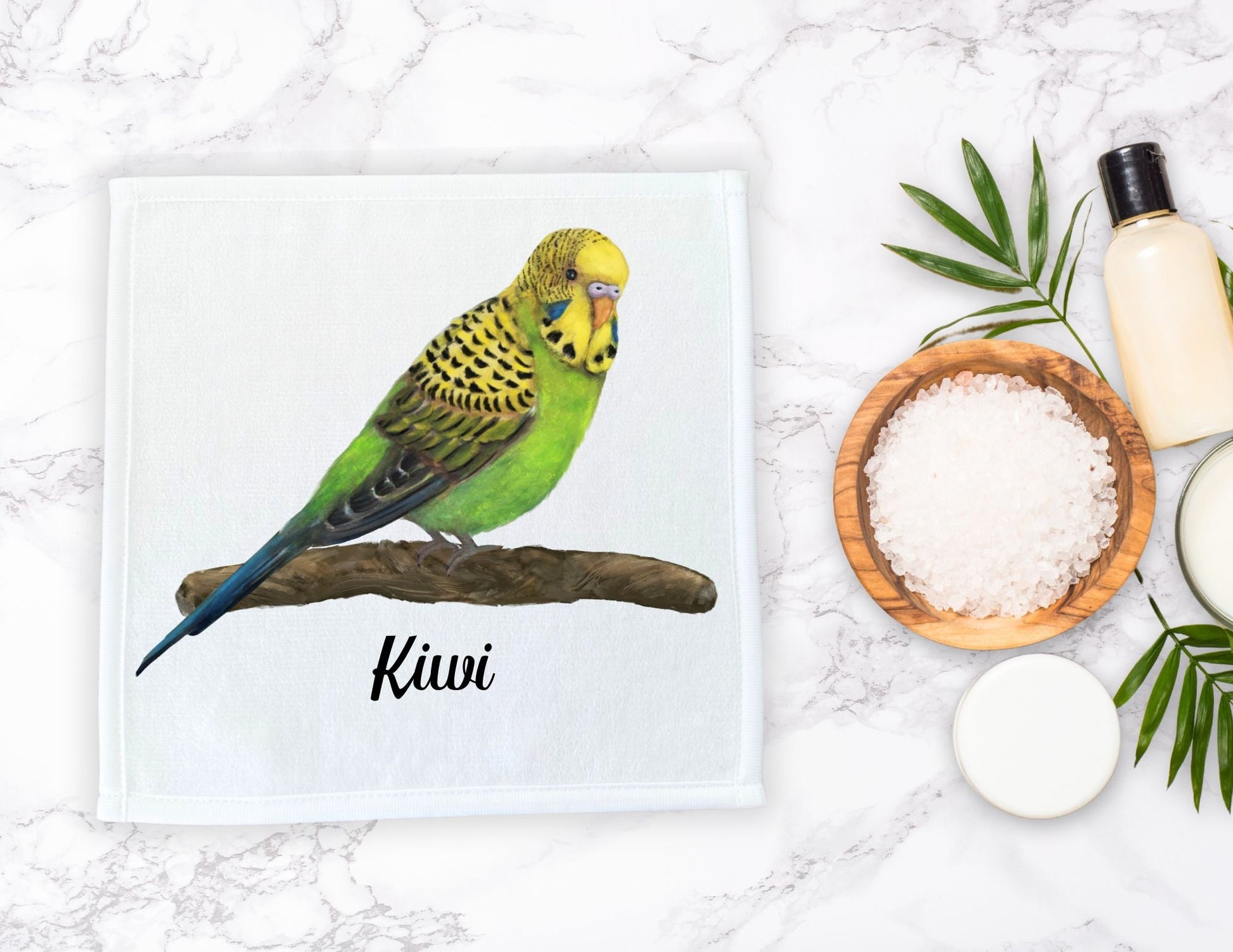 Vibrant Budgie on Branch Washcloth - MerikaArt