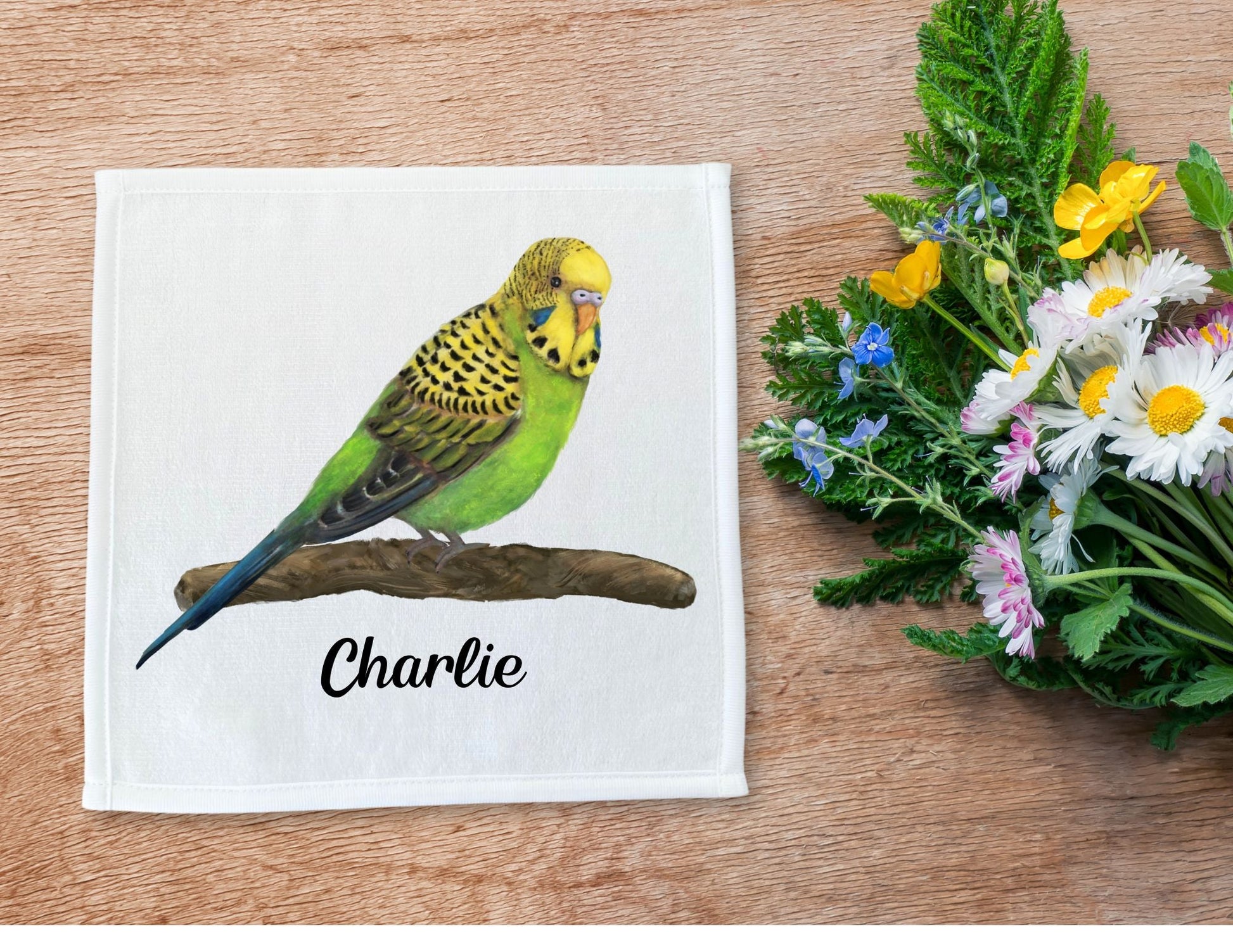 Vibrant Budgie on Branch Washcloth - MerikaArt