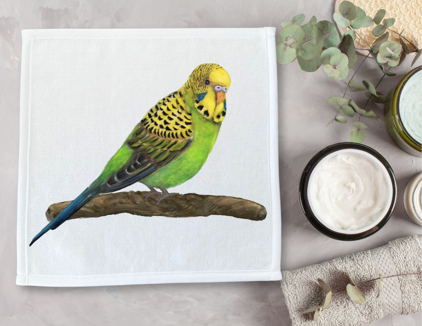 Vibrant Budgie on Branch Washcloth - MerikaArt