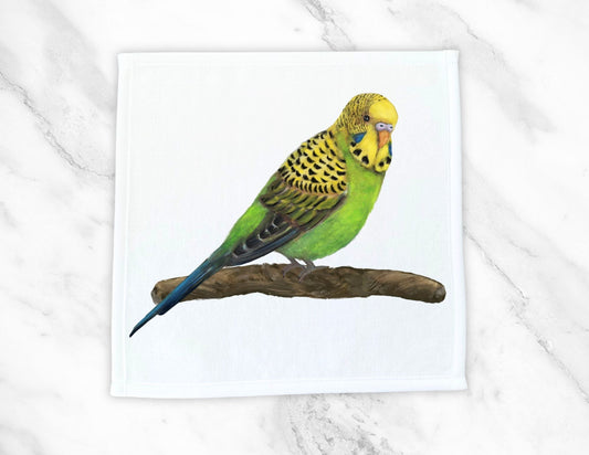 Vibrant Budgie on Branch Washcloth - MerikaArt