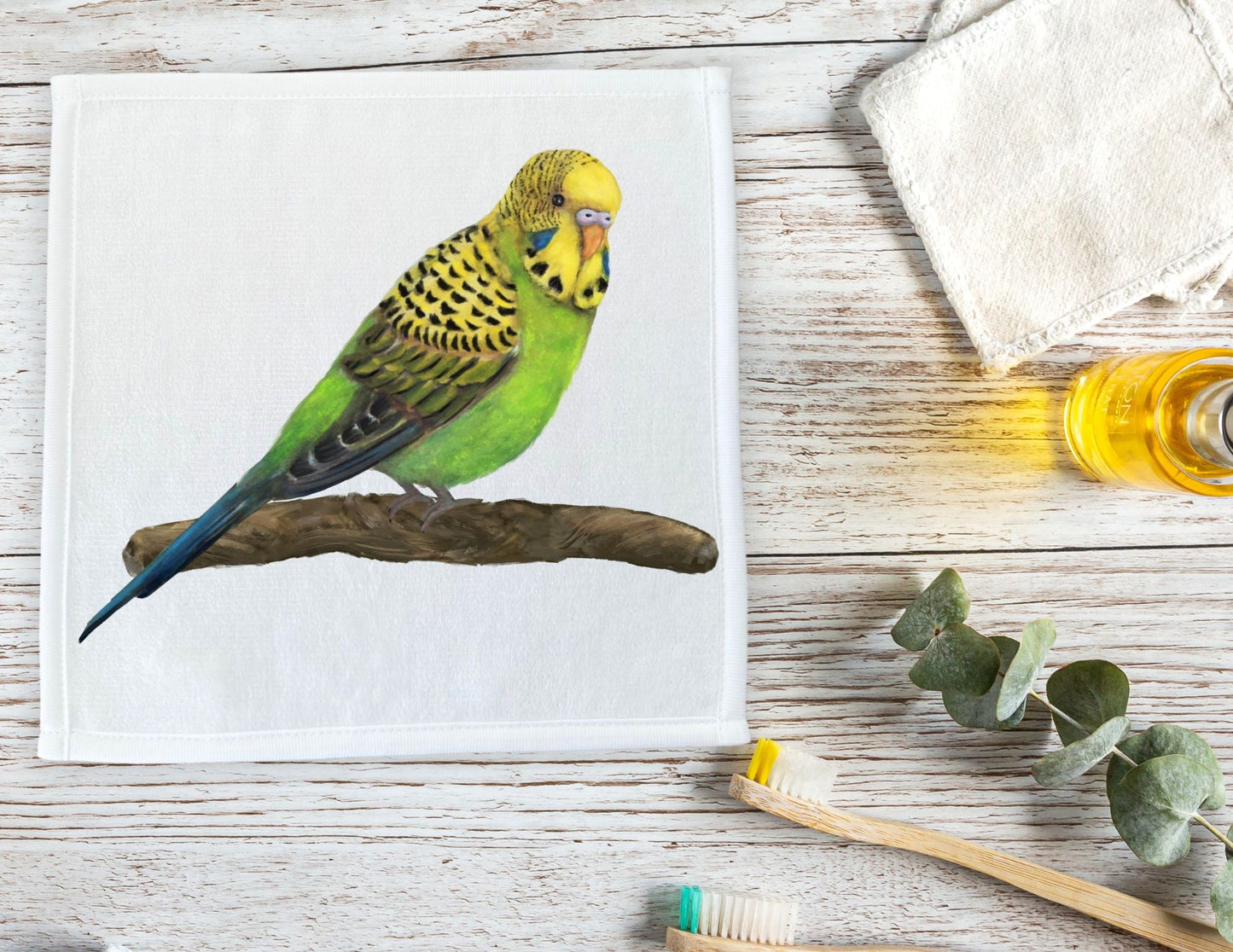 Vibrant Budgie on Branch Washcloth - MerikaArt