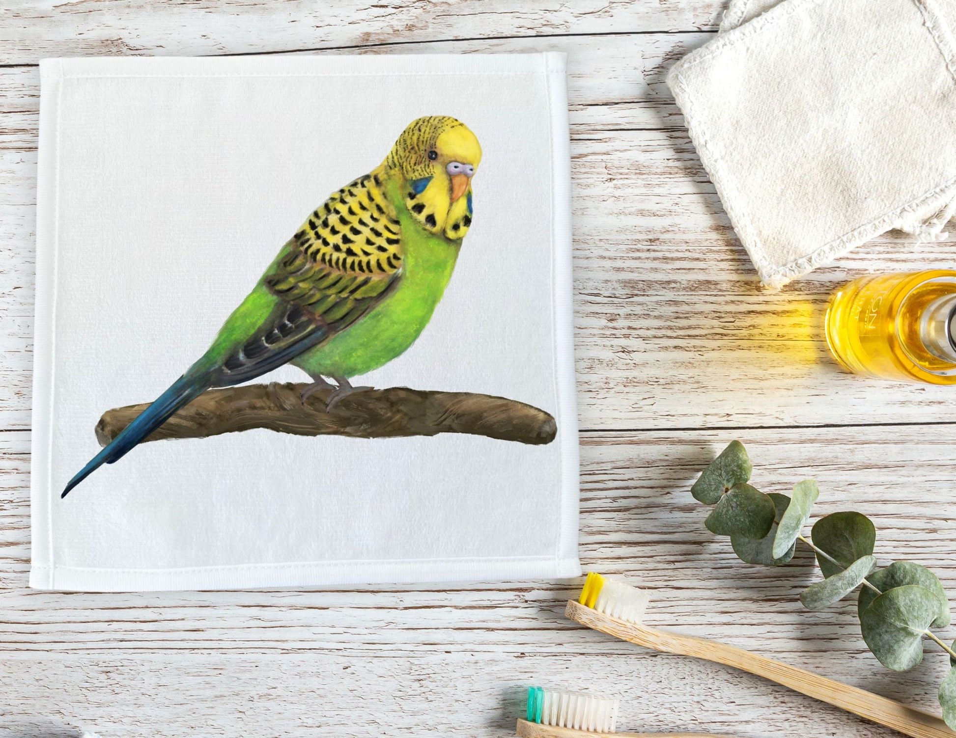 Vibrant Budgie on Branch Washcloth - MerikaArt