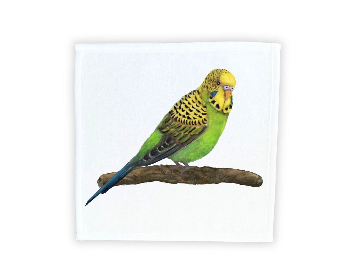 Vibrant Budgie on Branch Washcloth - MerikaArt