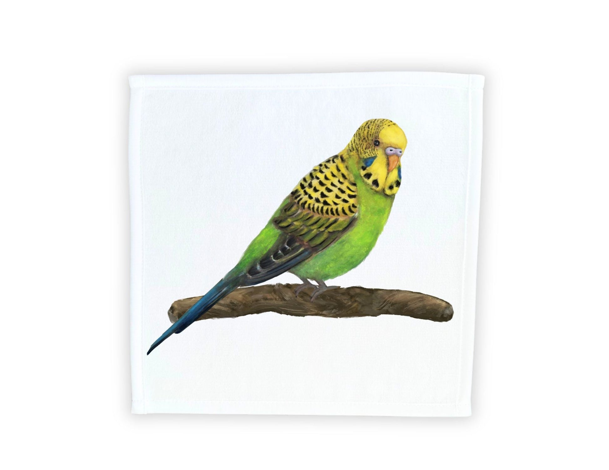 Vibrant Budgie on Branch Washcloth - MerikaArt