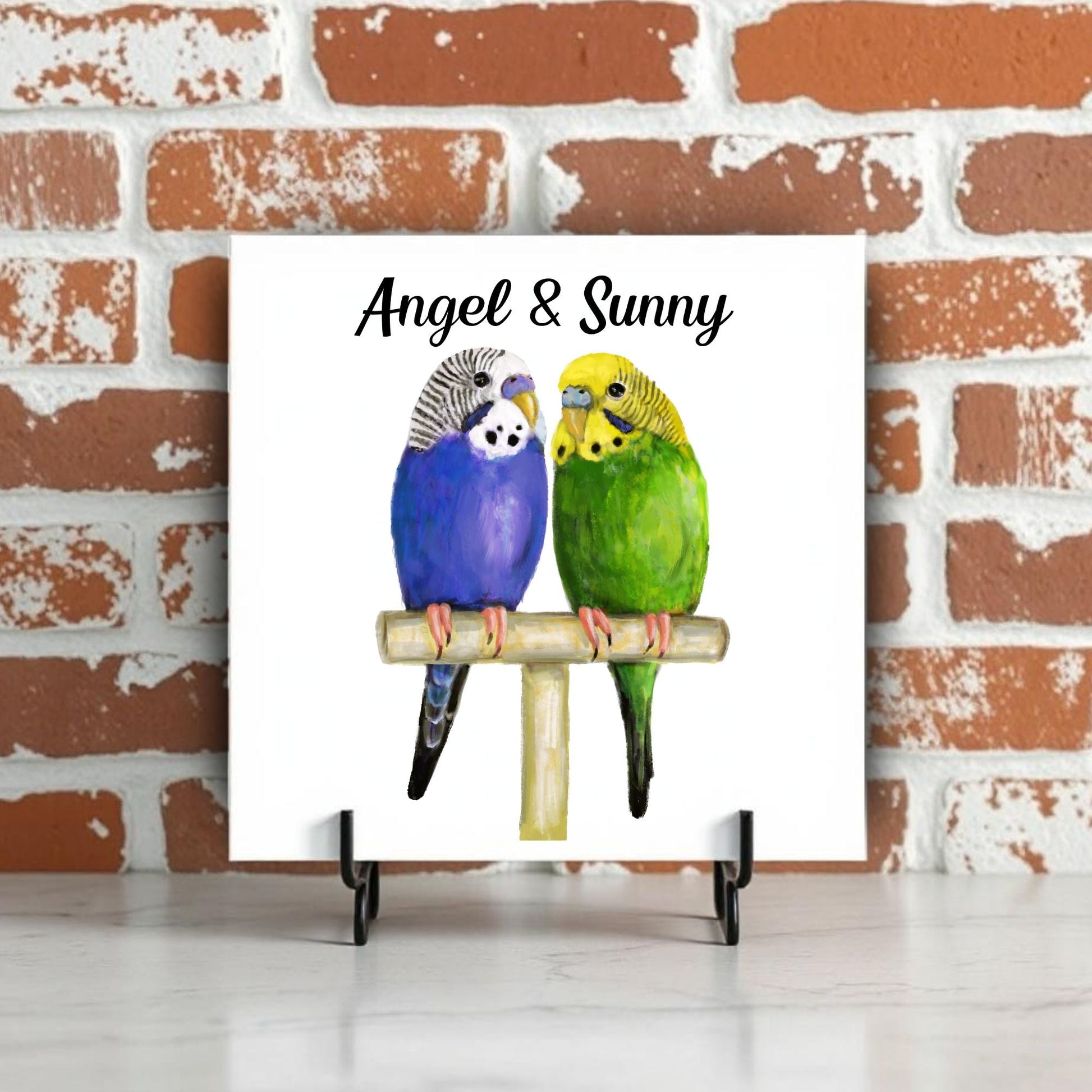 Vibrant Budgies Perched Together Ceramic Tile - MerikaArt