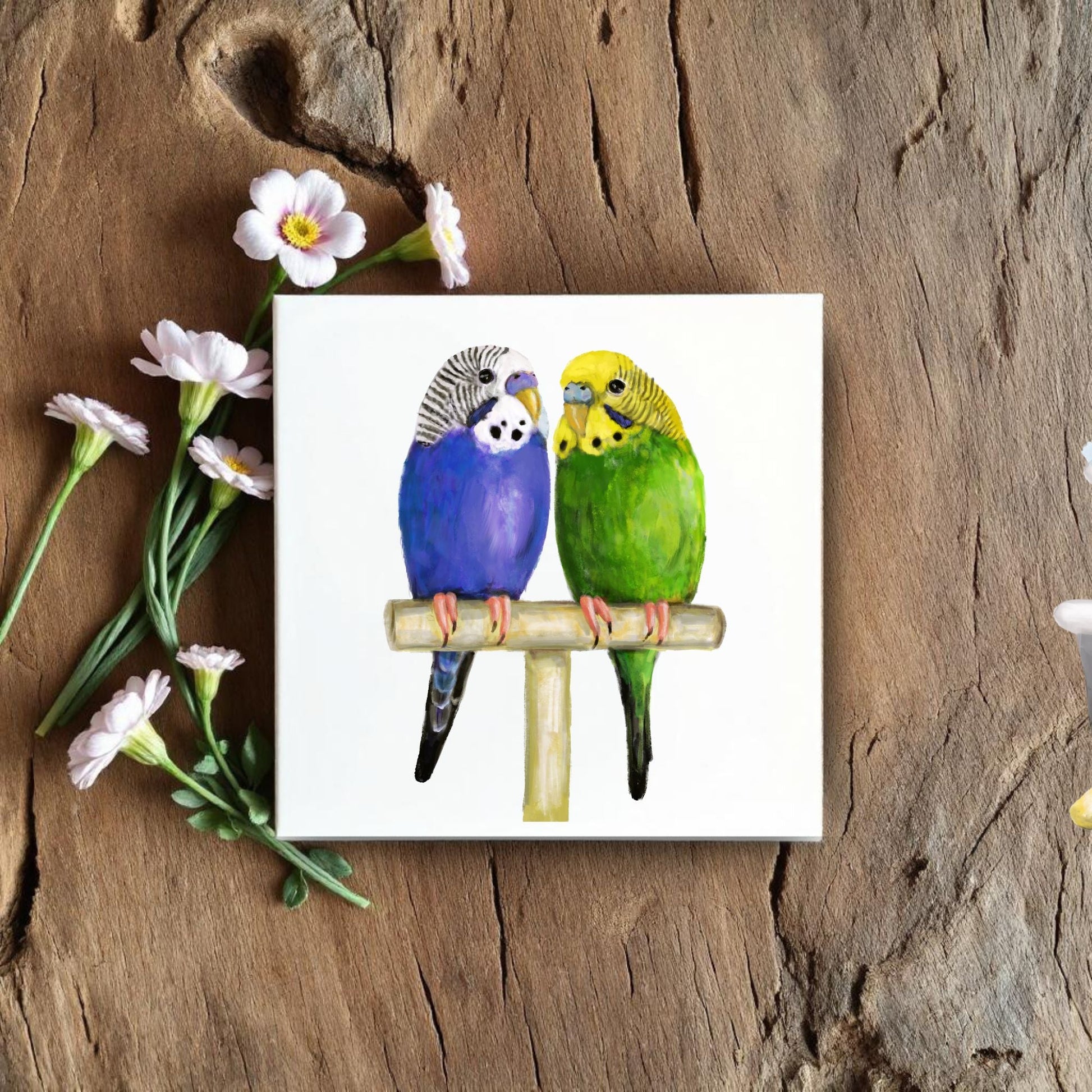 Vibrant Budgies Perched Together Ceramic Tile - MerikaArt