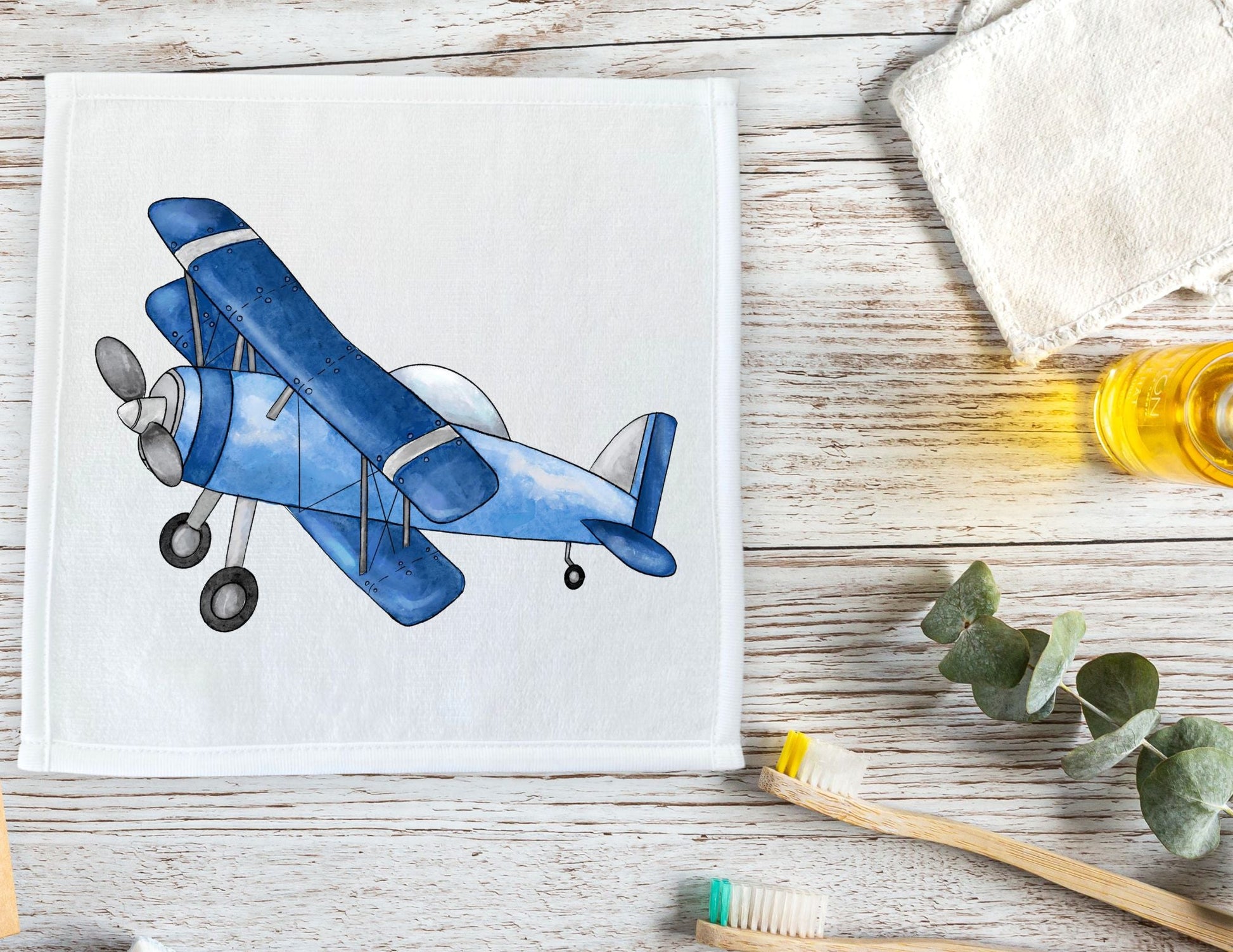 Vintage Blue Biplane Washcloth - MerikaArt