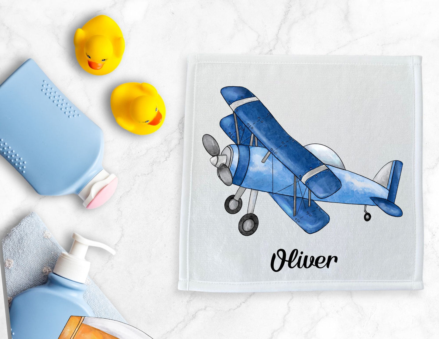 Vintage Blue Biplane Washcloth - MerikaArt