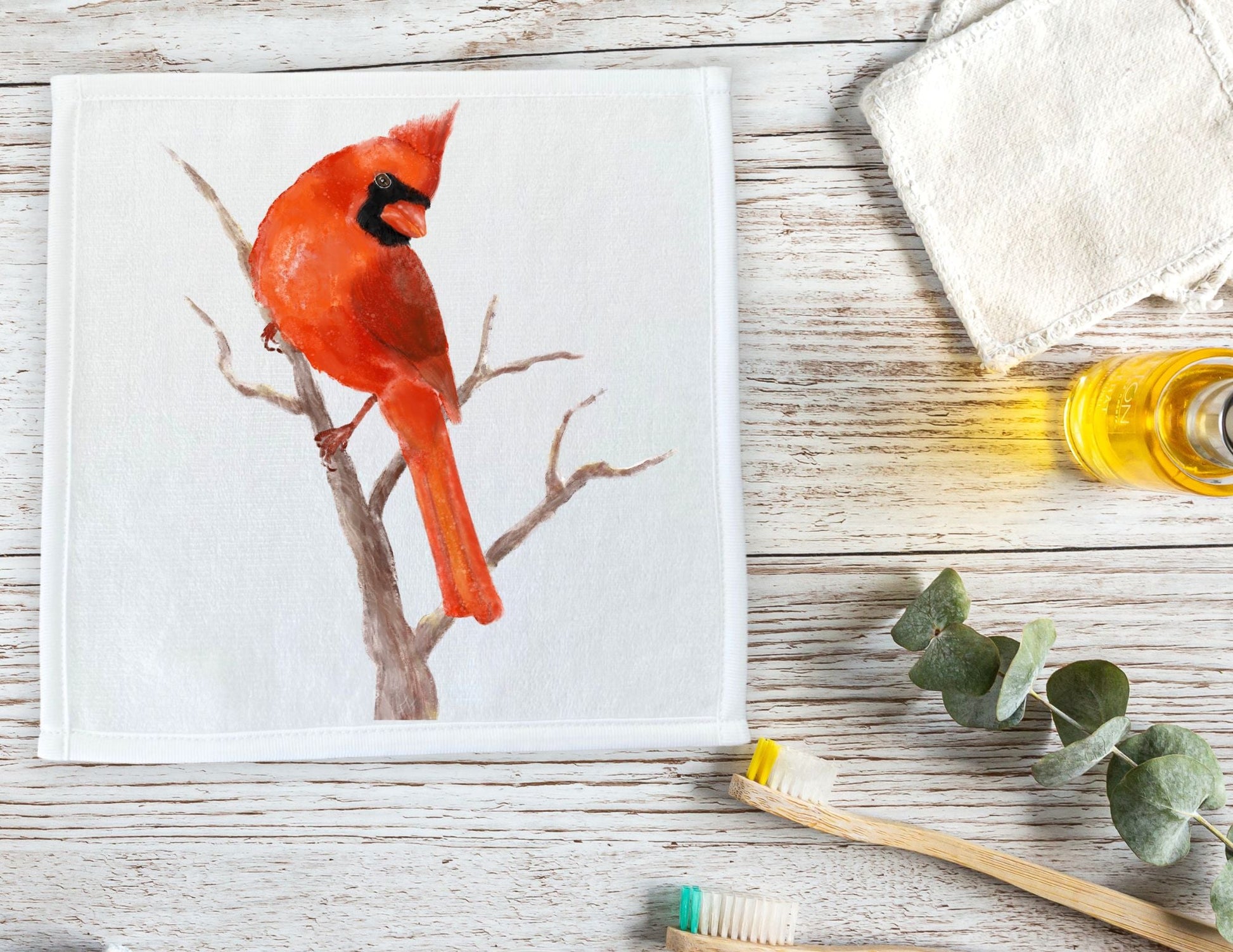 Vivid Red Cardinal Washcloth – Majestic Bird Design - MerikaArt