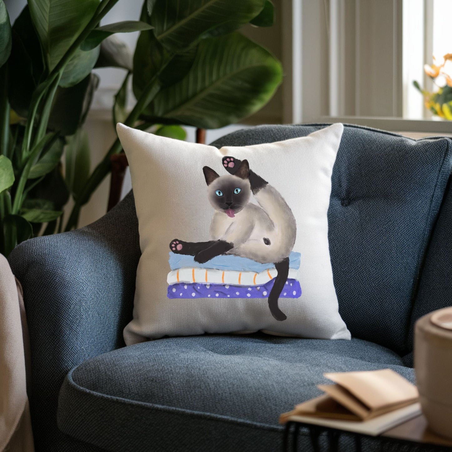 Whimsical Siamese Cat Pillow - Fun and Playful Home Decor - MerikaArt