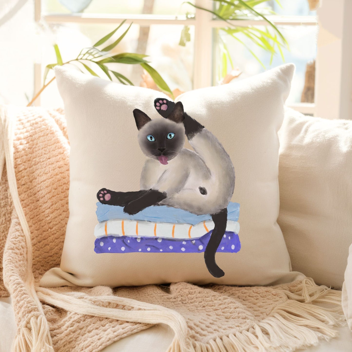Whimsical Siamese Cat Pillow - Fun and Playful Home Decor - MerikaArt