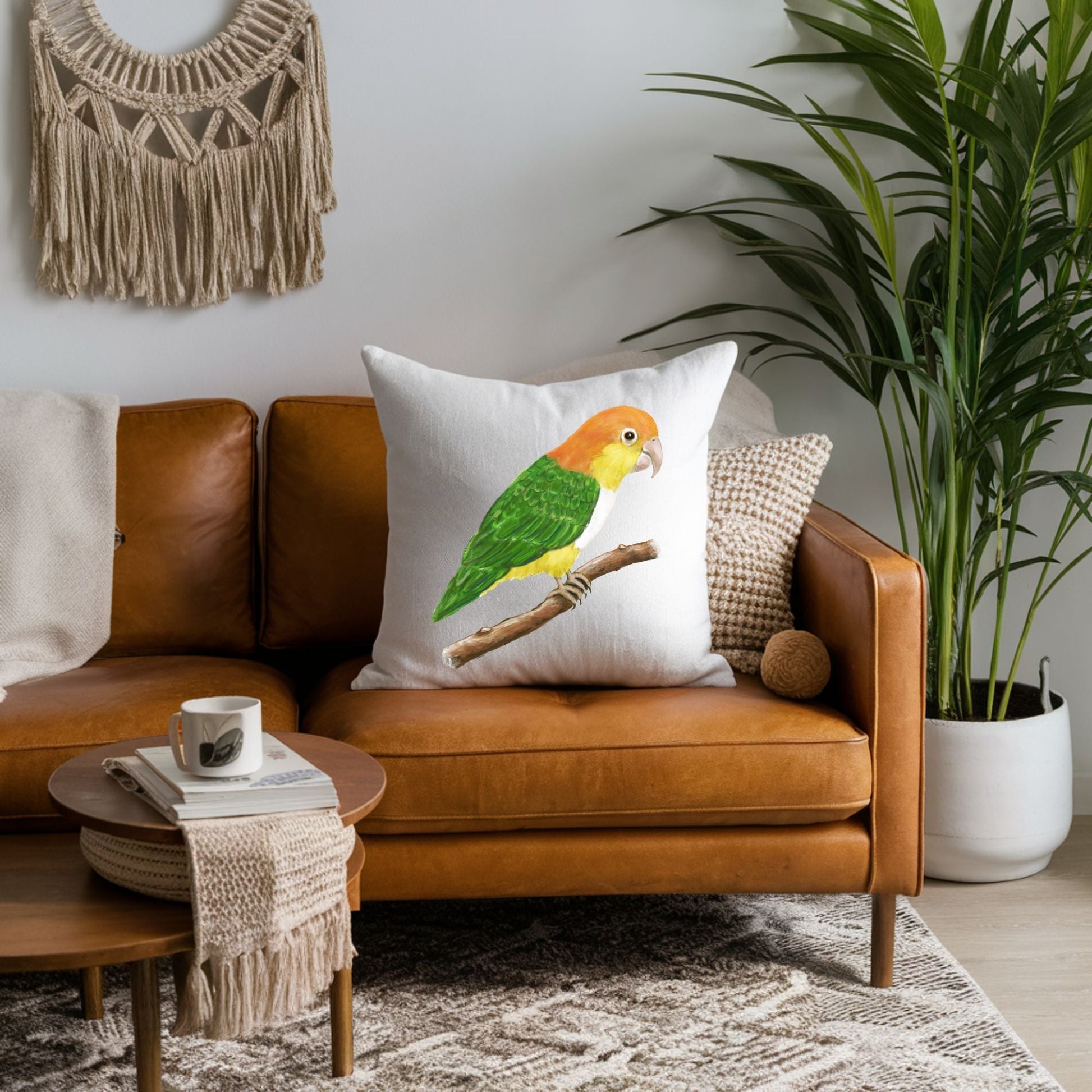 White Bellied Caique Parrot Pillow - Nature Inspired Home Decor - MerikaArt