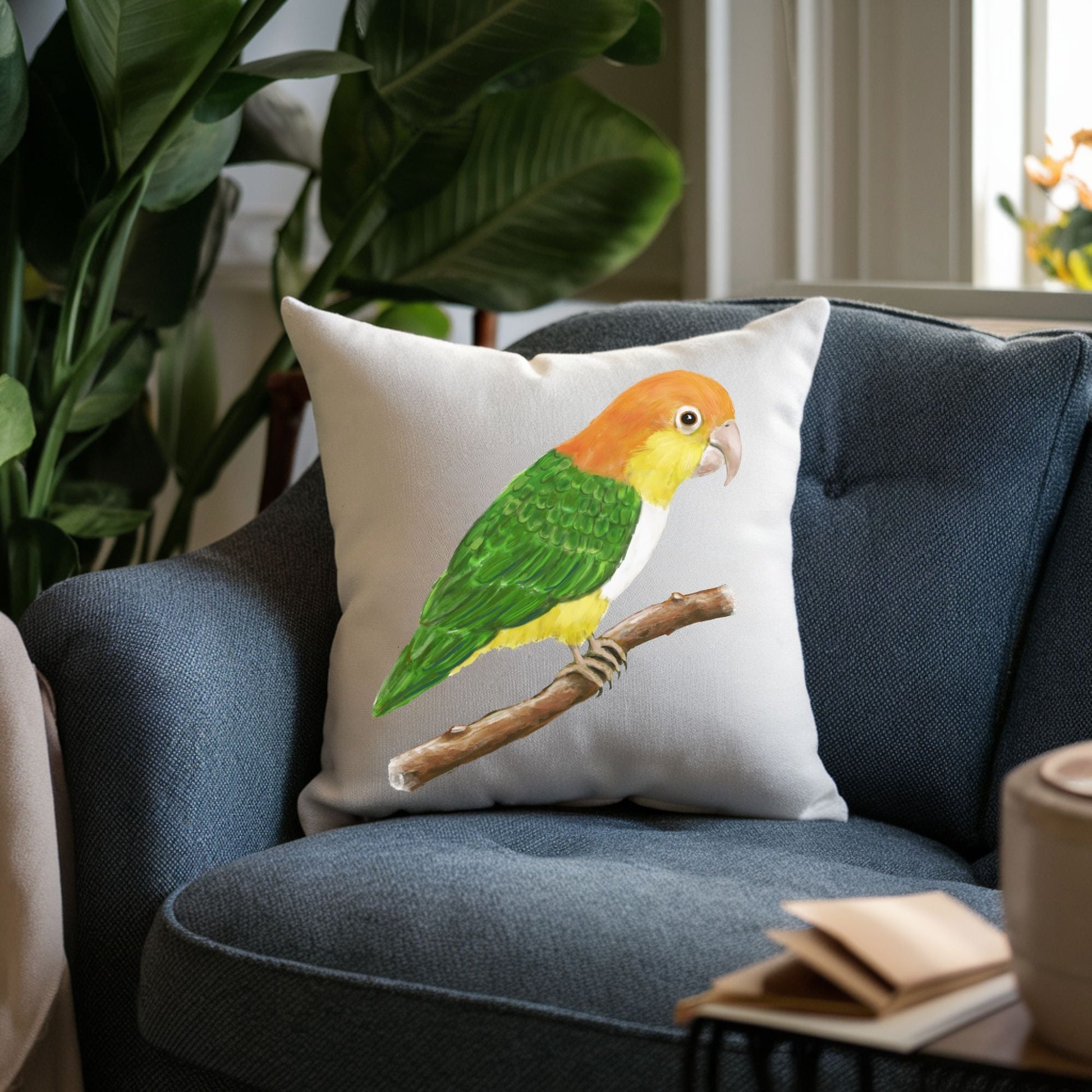 White Bellied Caique Parrot Pillow - Nature Inspired Home Decor - MerikaArt