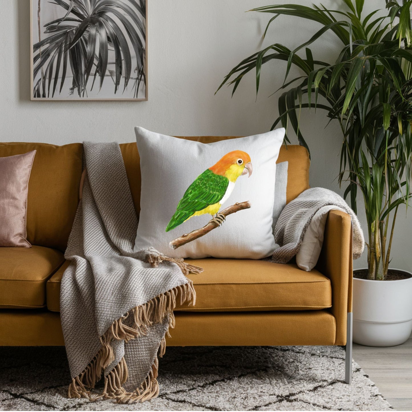 White Bellied Caique Parrot Pillow - Nature Inspired Home Decor - MerikaArt