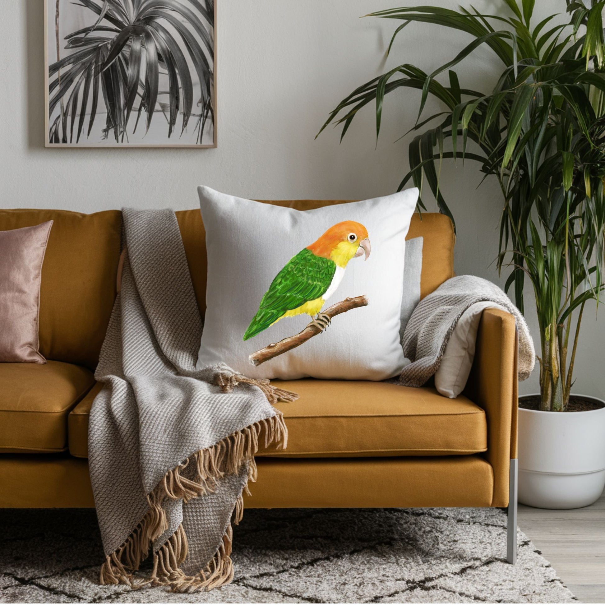 White Bellied Caique Parrot Pillow - Nature Inspired Home Decor - MerikaArt