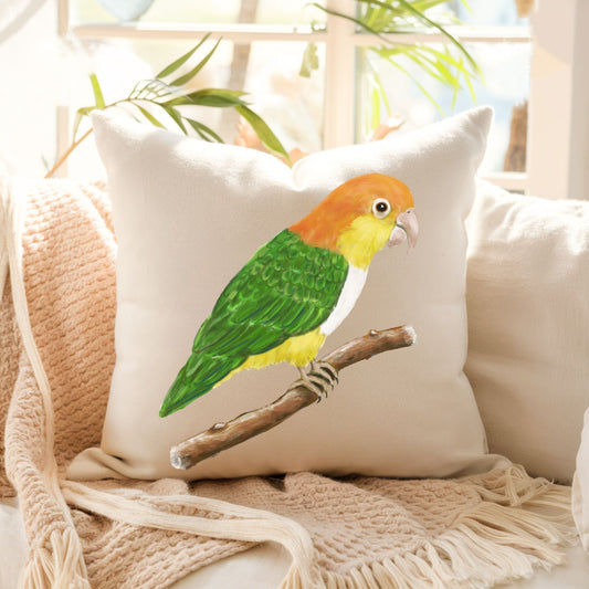 White Bellied Caique Parrot Pillow - Nature Inspired Home Decor - MerikaArt