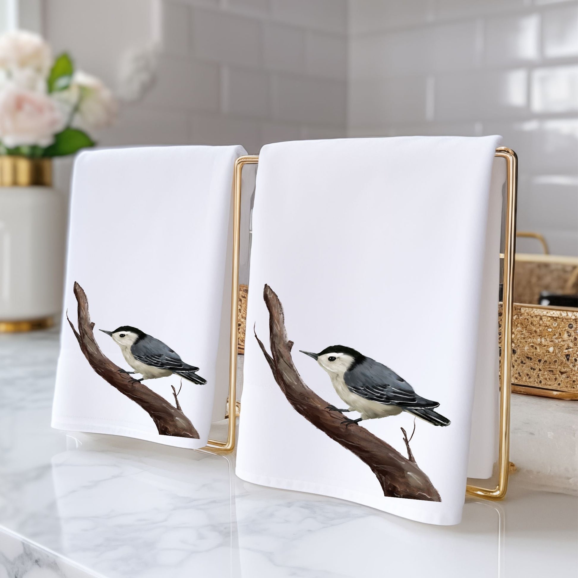 White - Breasted Nuthatch Bird Bathroom Towel - MerikaArt