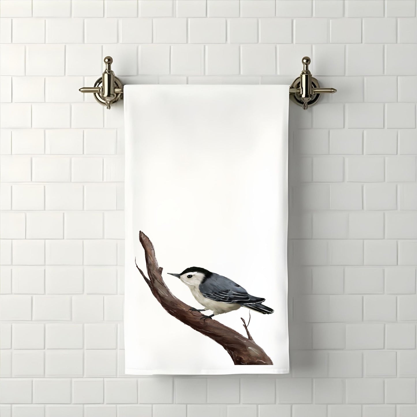 White - Breasted Nuthatch Bird Bathroom Towel - MerikaArt