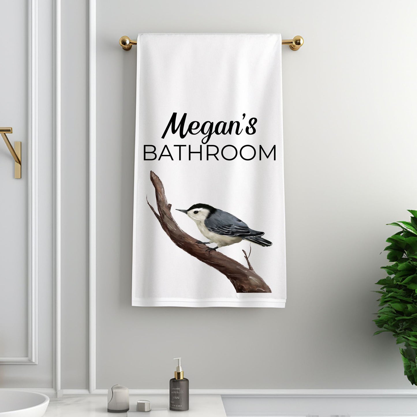 White - Breasted Nuthatch Bird Bathroom Towel - MerikaArt