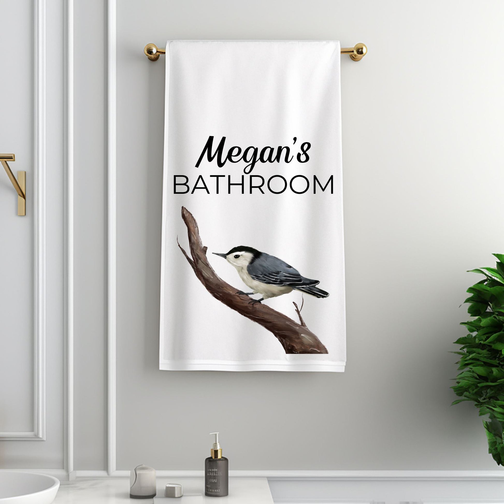 White - Breasted Nuthatch Bird Bathroom Towel - MerikaArt