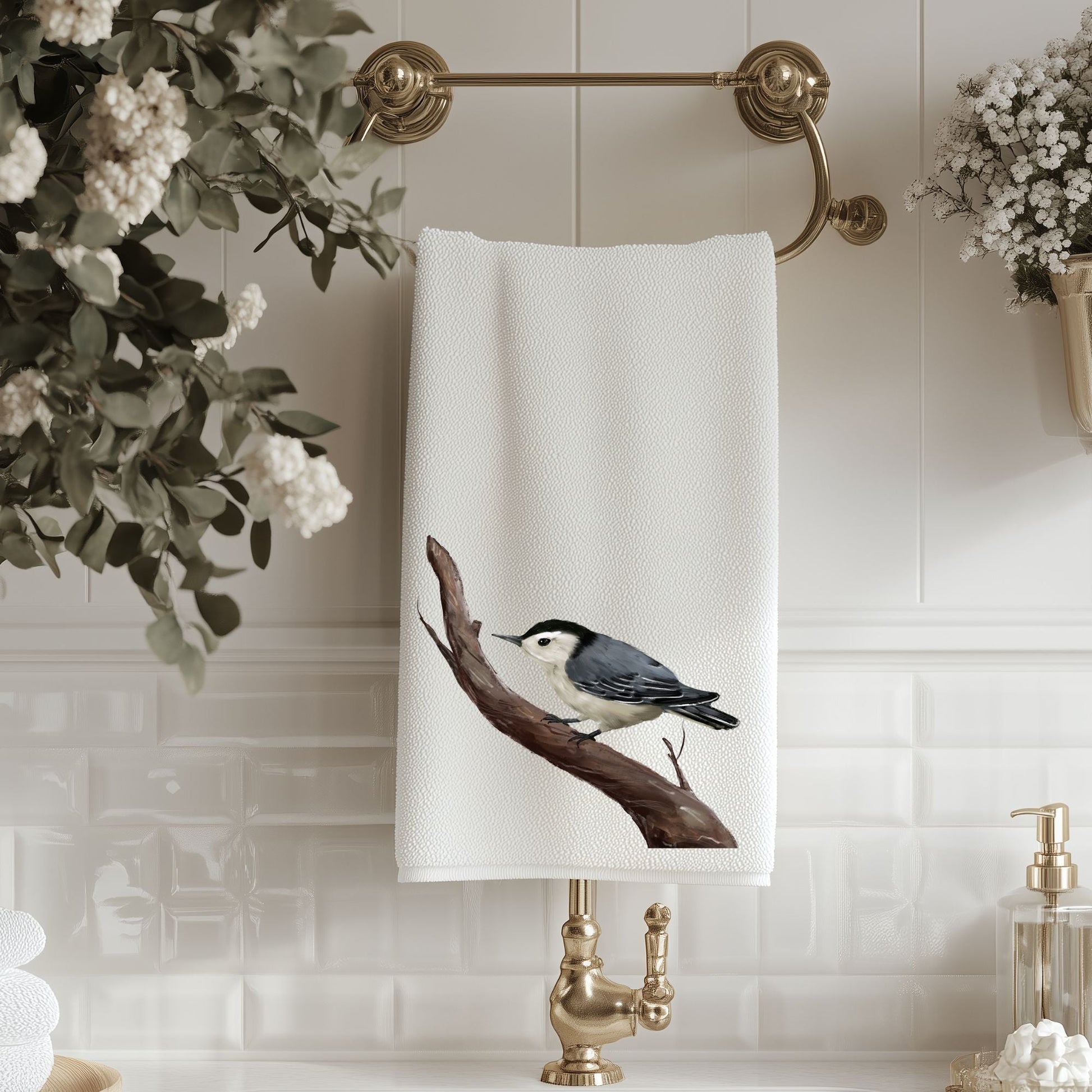 White - Breasted Nuthatch Bird Bathroom Towel - MerikaArt