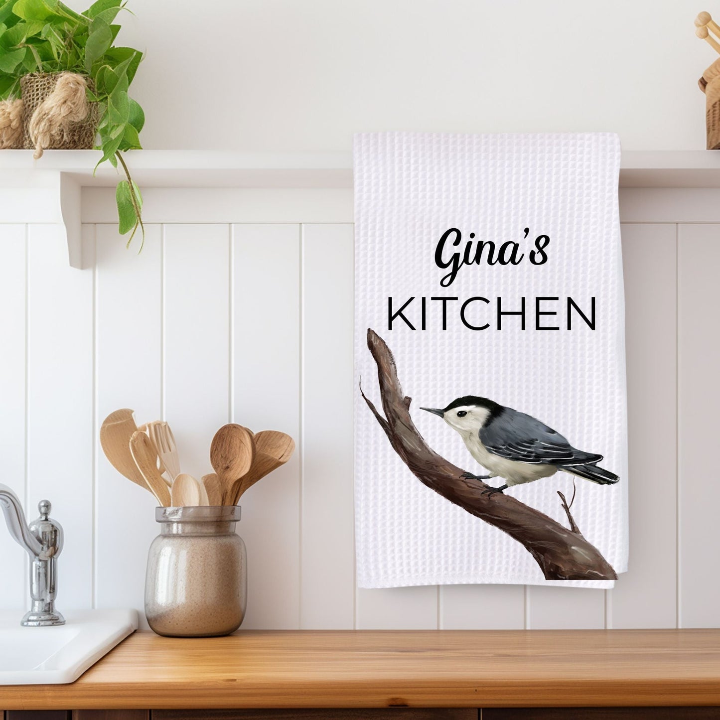 White - breasted Nuthatch Bird Kitchen Towel - MerikaArt