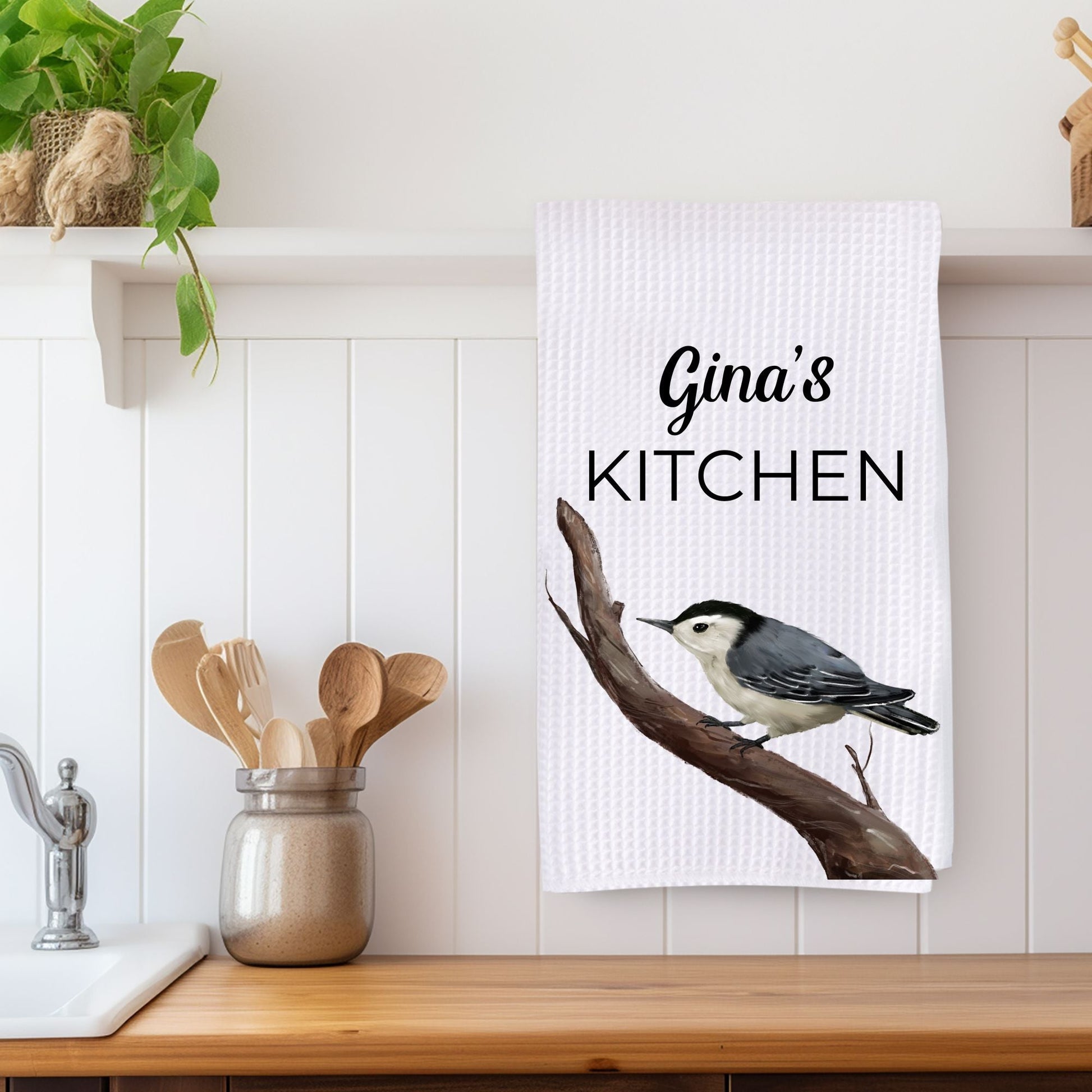 White - breasted Nuthatch Bird Kitchen Towel - MerikaArt