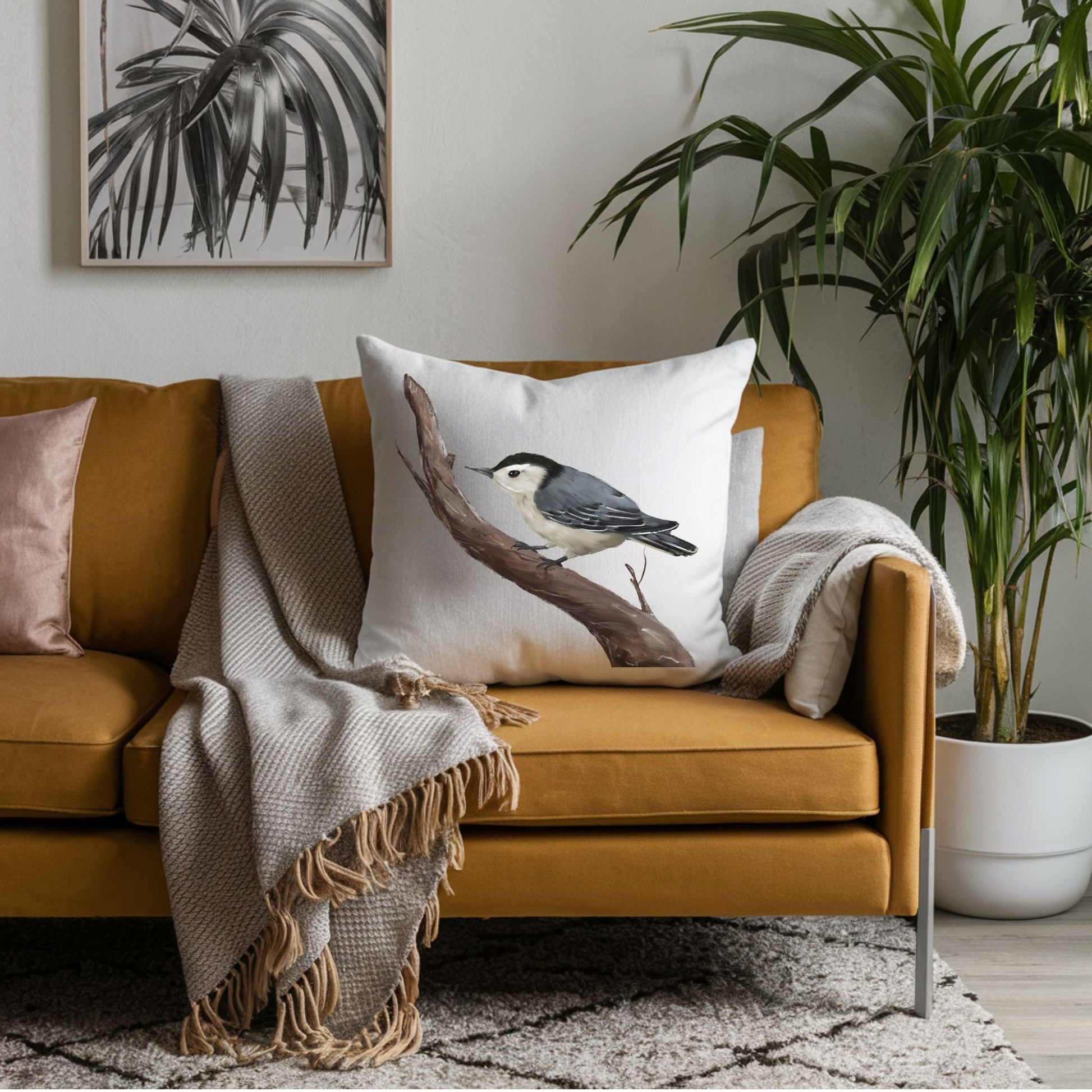 White Breasted Nuthatch Pillow for Bird Lovers - MerikaArt