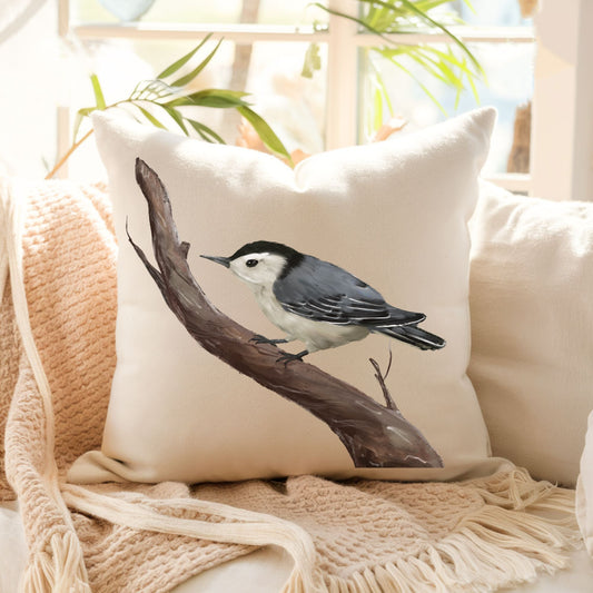 White Breasted Nuthatch Pillow for Bird Lovers - MerikaArt