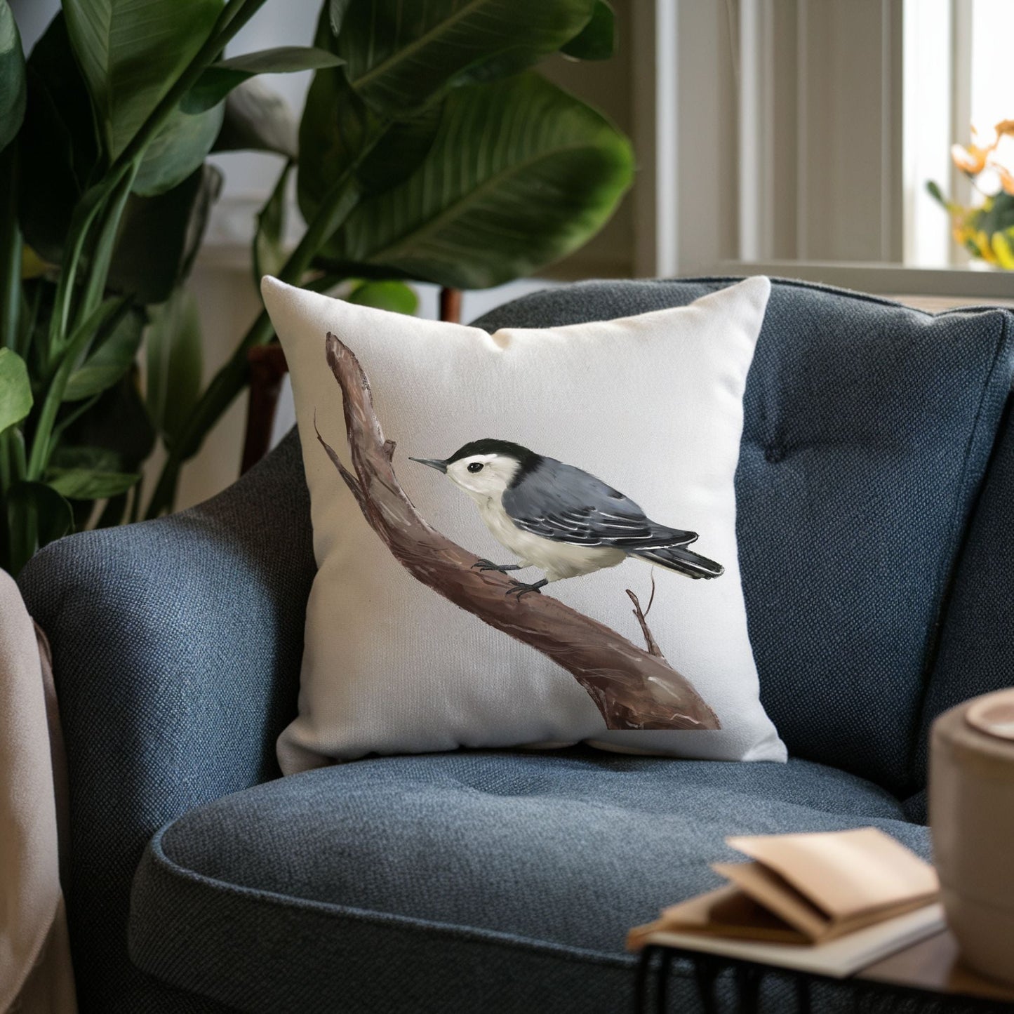 White Breasted Nuthatch Pillow for Bird Lovers - MerikaArt