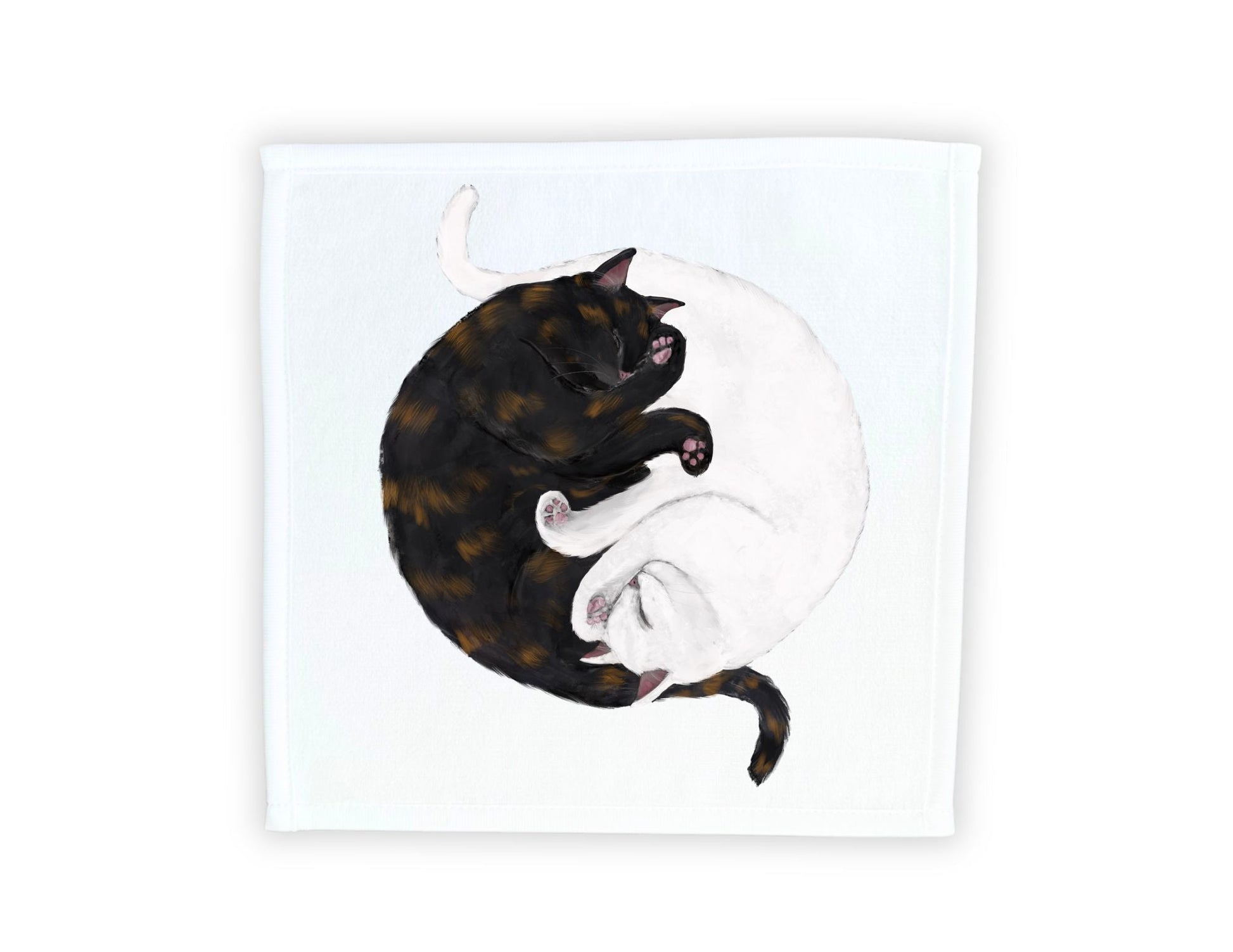 White Cat and Tortoiseshell Cat Sleeping Washcloth - MerikaArt