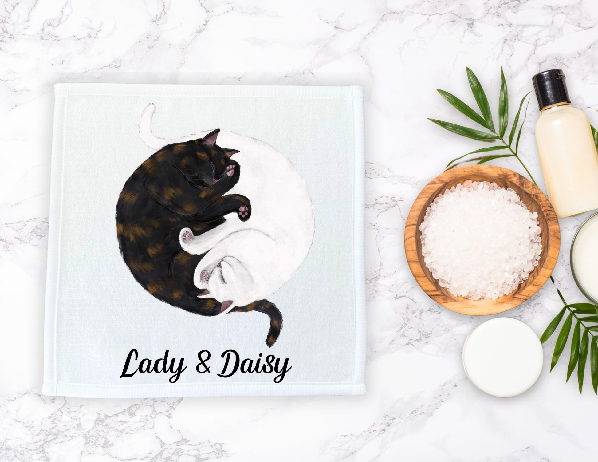 White Cat and Tortoiseshell Cat Sleeping Washcloth - MerikaArt