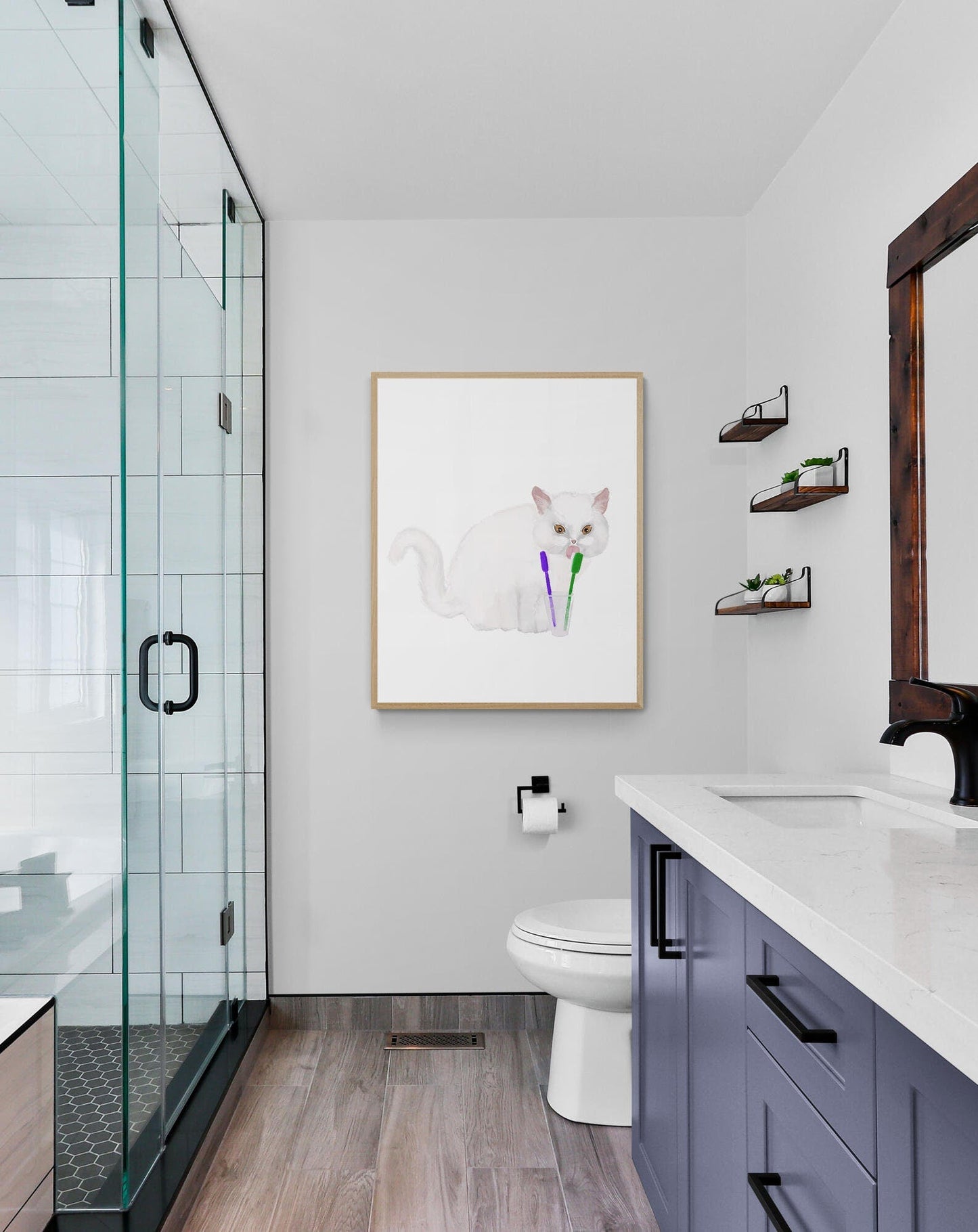 White Cat Brushing Teeth Print - MerikaArt