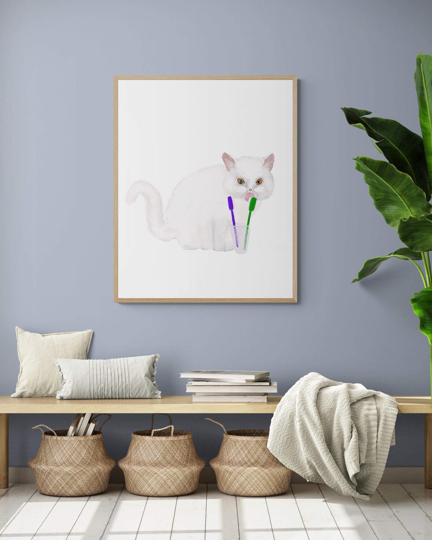 White Cat Brushing Teeth Print - MerikaArt