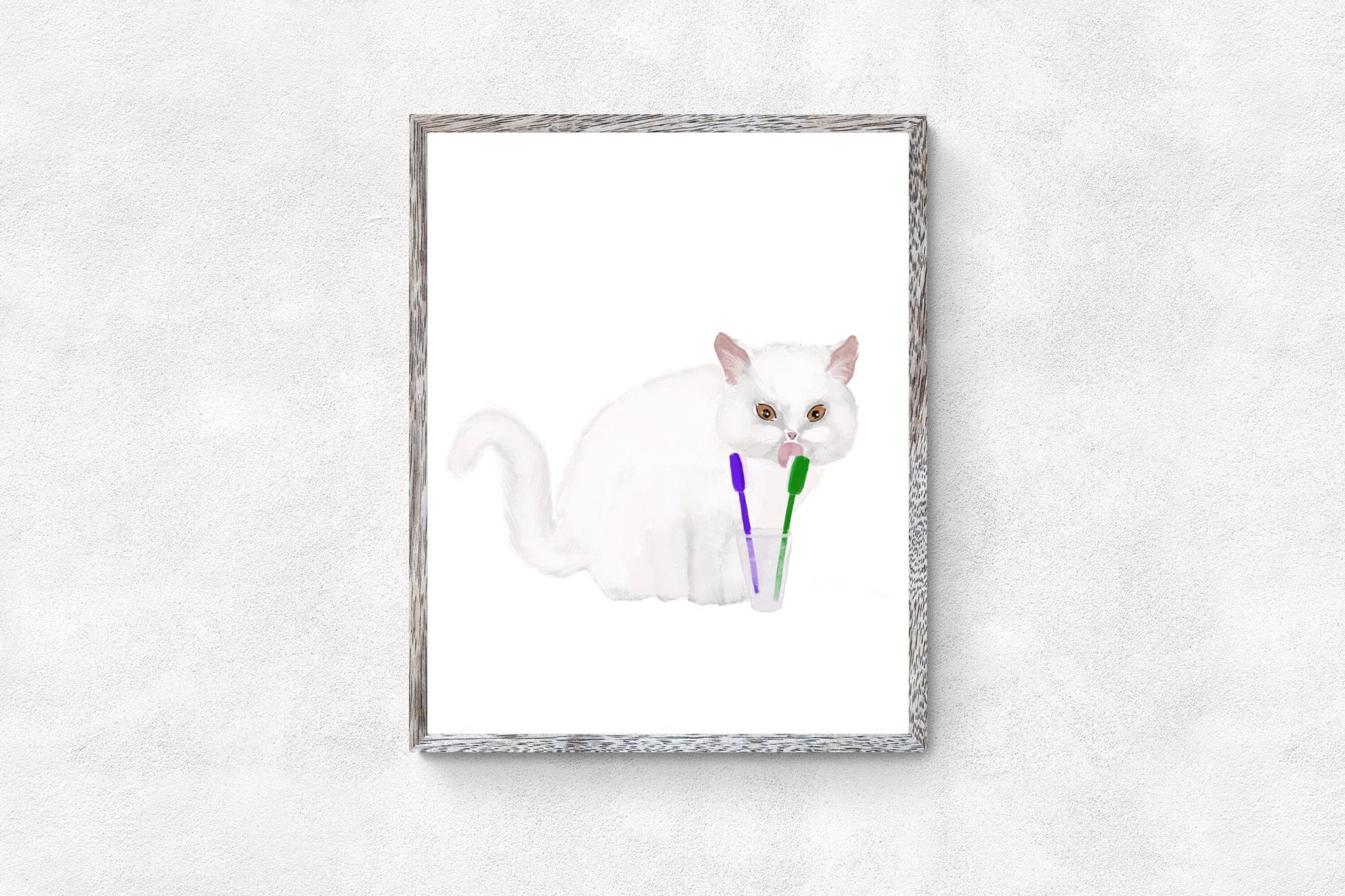 White Cat Brushing Teeth Print - MerikaArt