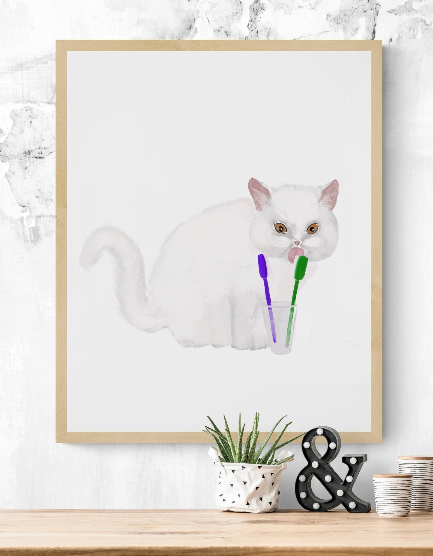 White Cat Brushing Teeth Print - MerikaArt